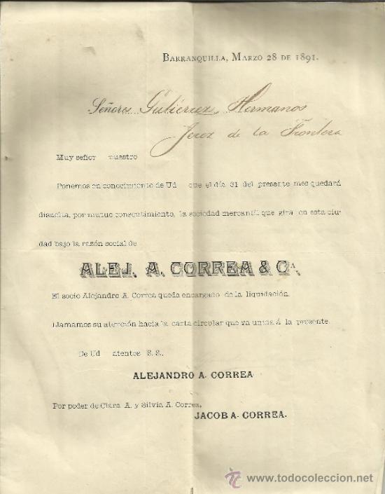 Lettere commerciali: CIRCULAR DE ALEJANDRO. A. CORREA & CIA. JACOBO A. CORREA. BARRANQUILLA. COLOMBIA. 1891
