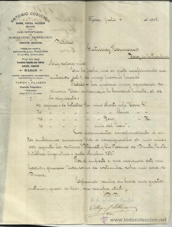 Lettere commerciali: CARTA COMERCIAL DE ANTONIO COSULICH. CASA IMPORTADORA. TUPIZA. BOLIVIA. 1912