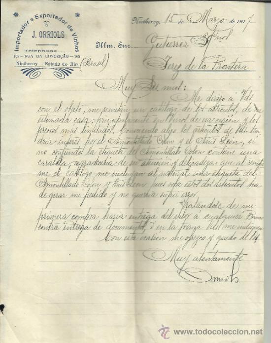 Commercial Letters: CARTA COMERCIAL DE J. ORRIOLS. IMPORTADORES Y EXPORTADORES DE VINOS. NICTHEROY. BRASIL. 1917