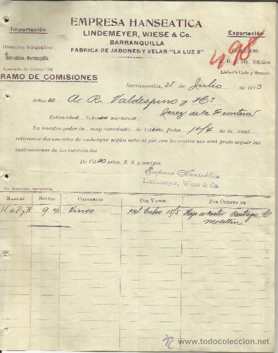 Commercial Letters: CARTA COMERCIAL DE LINDEMEYER, WISE & CO. EMPRESA HANSEATICA.  LA LUZ X. BARRANQUILLA.COLOMBIA. 1913