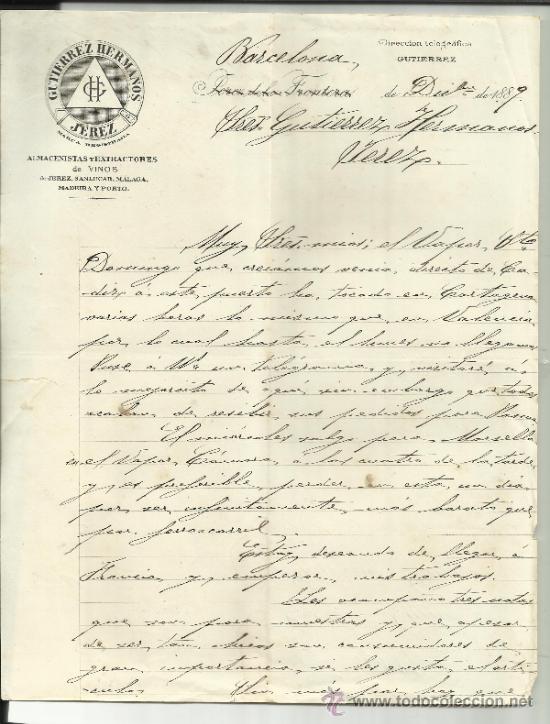 Commercial Letters: CARTA COMERCIAL DE GUTIERREZ HERMANOS. ALMACENISTAS Y EXTRACTORES DE VINOS. BARCELONA. 1889