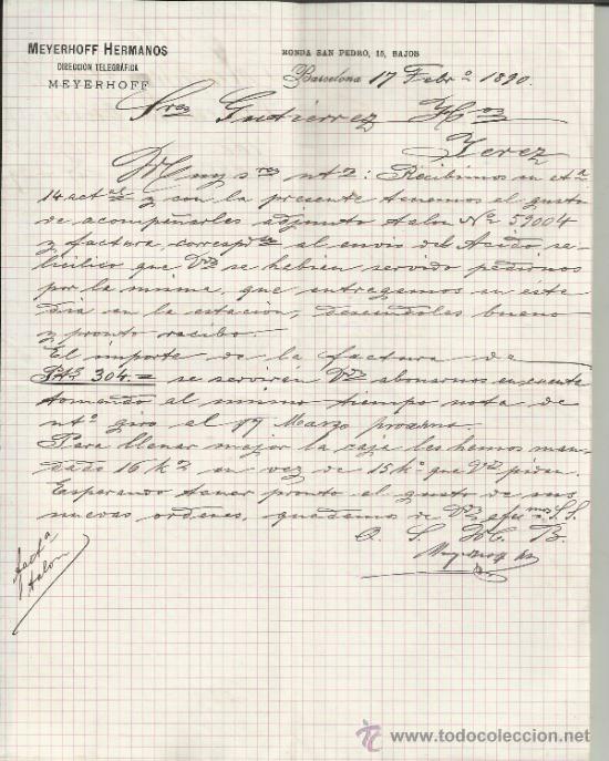Commercial Letters: CARTA COMERCIAL DE MEYERHOFF HERMANOS. BARCELONA. 1890