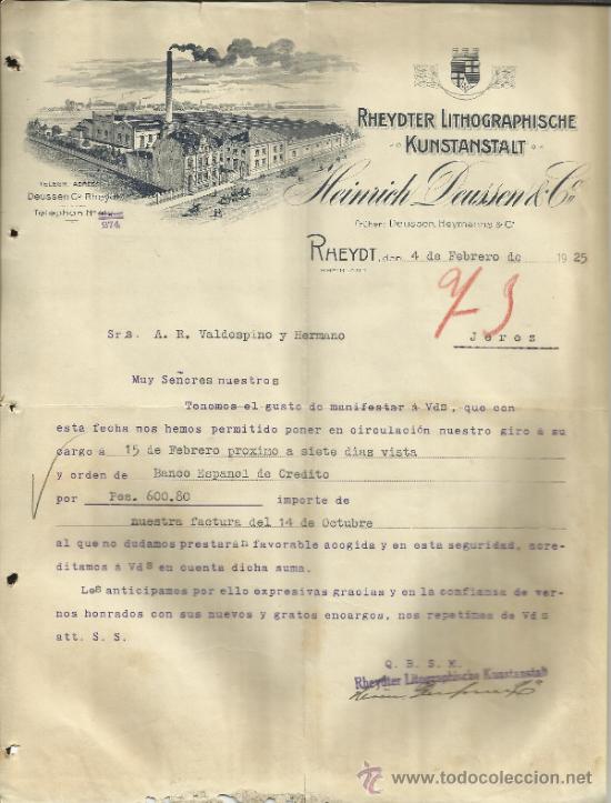 Commercial Letters: CARTA COMERCIAL DE HEINRICH DEUSSEN & C&ordm;. RHEYDT. RHEINLAND. ALEMANIA. 1925