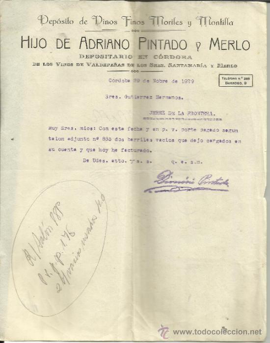 Commercial Letters: CARTA COMERCIAL DE HIJO DE ADRIANO PINTADO Y MERLO. C&Oacute;RDOBA. 1929