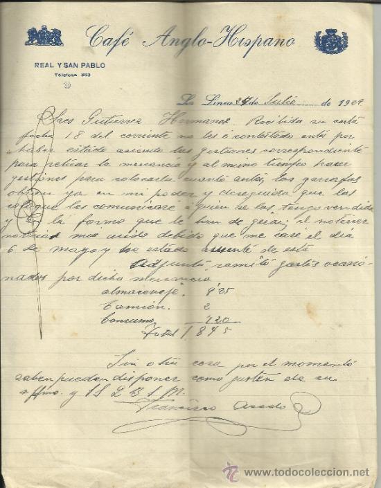 Commercial Letters: CARTA COMERCIAL DE CAF&Eacute; ANGLO-HISPANO. LA L&Iacute;NEA. C&Aacute;DIZ. 1929