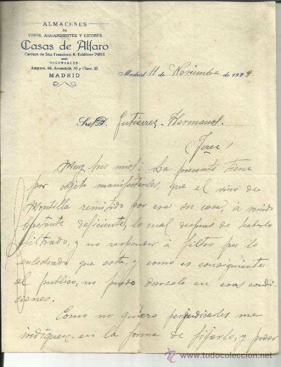 Commercial Letters: CARTA COMERCIAL DE CASAS DE ALFARO. ALMACENES DE VINOS, AGUARDIENTES Y LICORES. MADRID. 1929