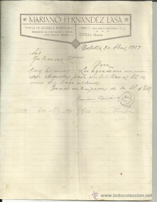 Commercial Letters: CARTA COMERCIAL DE MARIANO FERN&Aacute;NDEZ LASA. ESTELLA. NAVARRA. 1929