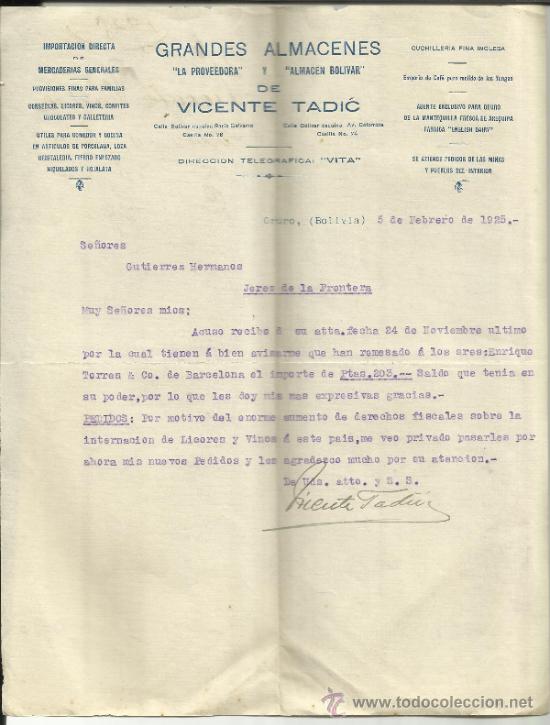 Commercial Letters: CARTA COMERCIAL DE VICENTE TADIC. ALMACENES LA PROVEEDORA Y BOLIVAR. ORURO. BOLIVIA. 1925