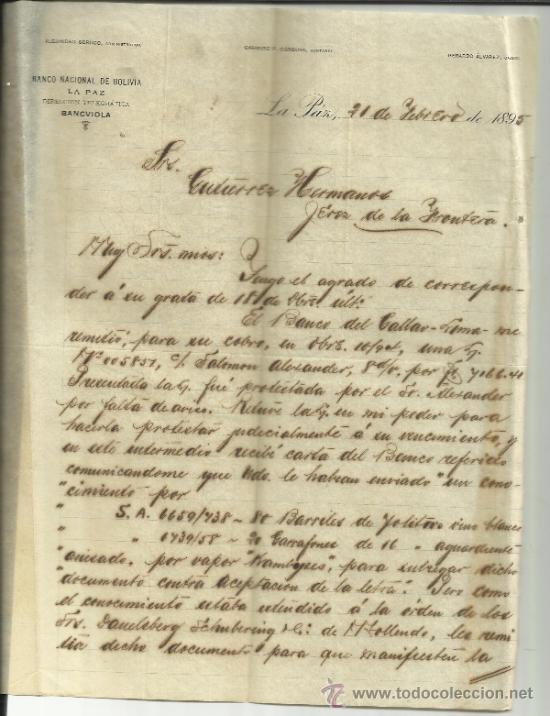 Commercial Letters: CARTA COMERCIAL DE BANCO NACIONAL DE BOLIVIA. LA PAZ. BOLIVIA. 1895 ( 2 HOJAS)