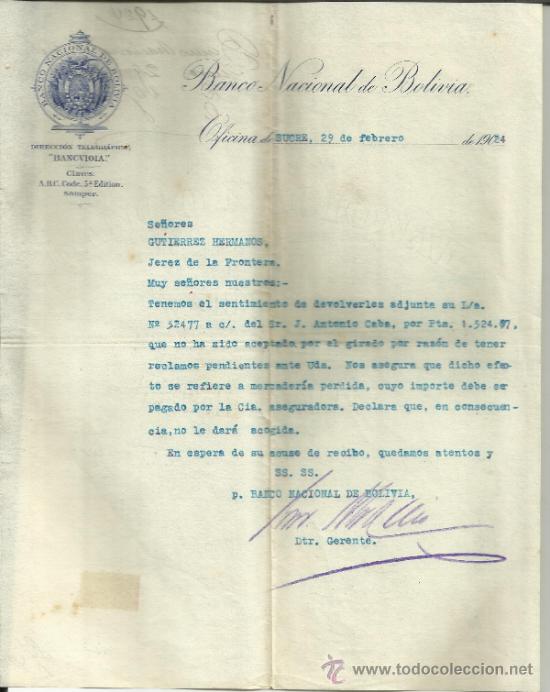 Commercial Letters: CARTA COMERCIAL DE BANCO NACIONAL DE BOLIVIA. SUCRE. BOLIVIA. 1924