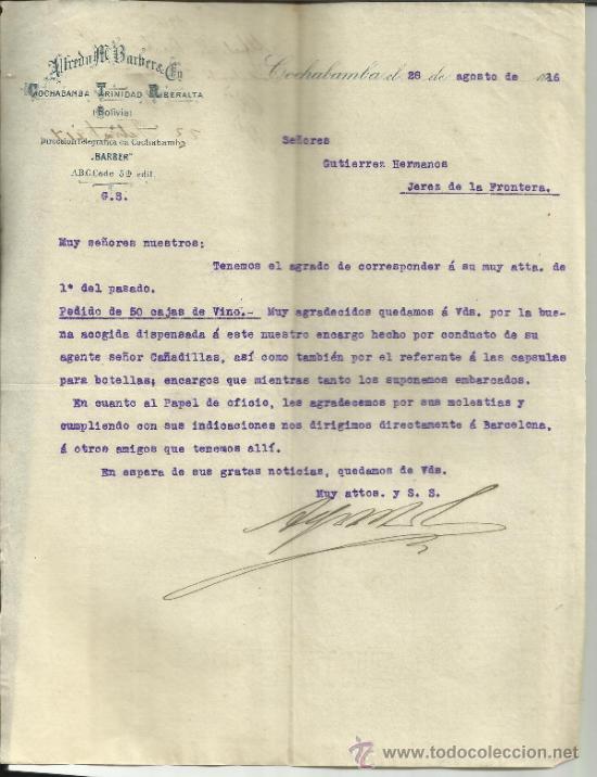 Commercial Letters: CARTA COMERCIAL DE ALFREDO N. BARBER & C&ordf;. COCHABAMBA. BOLIVIA. 1916