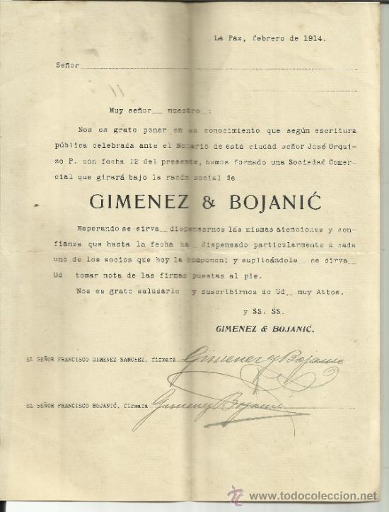 Commercial Letters: CIRCULAR DE GIMENEZ & BOJANIC. LA PAZ. BOLIVIA. 1914