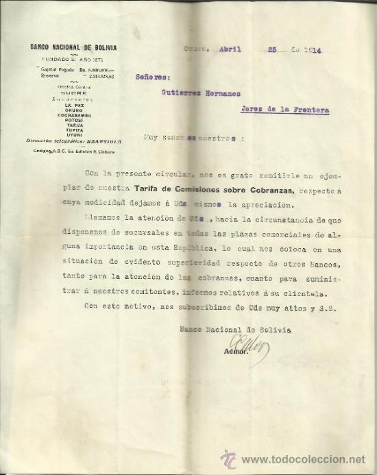 Commercial Letters: CARTA COMERCIAL DEL BANCO NACIONAL DE BOLIVIA. CUZCO. BOLIVIA. 1914