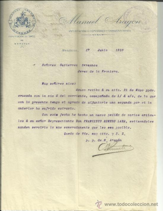Commercial Letters: CARTA COMERCIAL DE MANUEL ARAG&Oacute;N. EXPORTACI&Oacute;N DE VINOS. MENDOZA. ARGENTINA. 1910