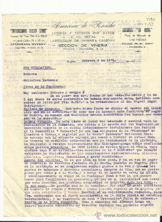 Commercial Letters: CARTA COMERCIAL DE TRANSOCEANIC HINSKY STORE. ALMACENES DE RANCHO. BOGOT&Aacute;. COLOMBIA. 1929