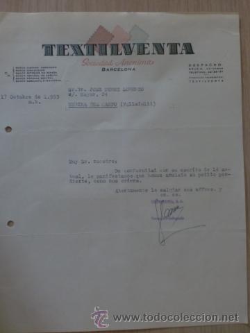 Cartas comerciais: CARTA COMERCIAL. TEXTILVENTA, S. A. BARCELONA. OCTUBRE 1953.