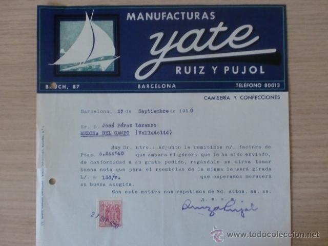 Cartas comerciais: CARTA COMERCIAL. RUIZ Y PUJOL MANUFACTURAS YATE. BARCELONA. SEPTIEMBRE 1950.