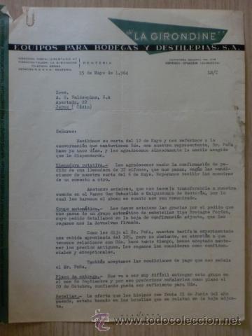 Cartas comerciais: CARTA COMERCIAL. LA GIRONDINE. EQUIPOS PARA BODEGAS Y DESTILERIAS. RENTERIA. MAYO 1964.