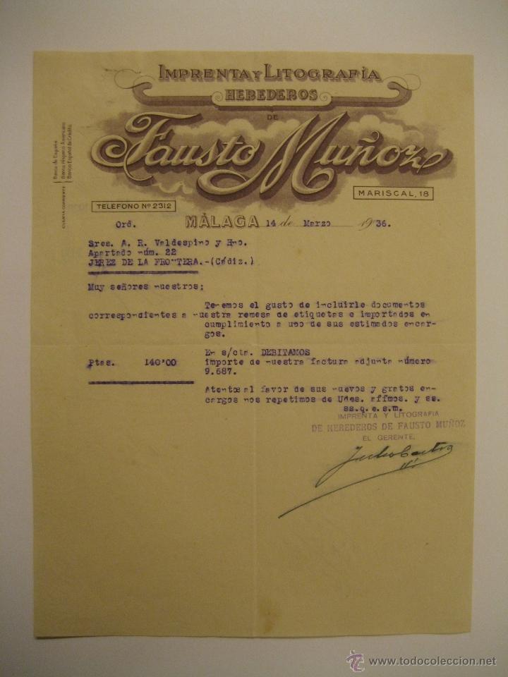 Lettres commerciales: IMPRENTA LITOGR&Aacute;FICA FAUSTO MU&Ntilde;OZ, M&Aacute;LAGA 1936