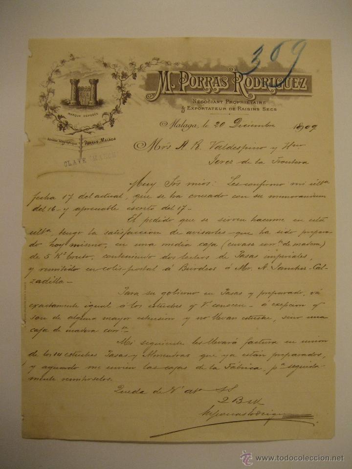 Lettere commerciali: M. PORRAS RODR&Iacute;GUEZ, EXPORTADOR DE PASAS, M&Aacute;LAGA 1909
