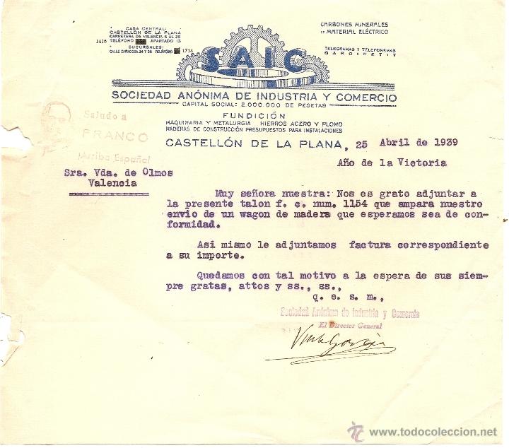 Cartas comerciales: SAIC Castell&oacute;n. Industria y Comercio. 1939 - Foto 1