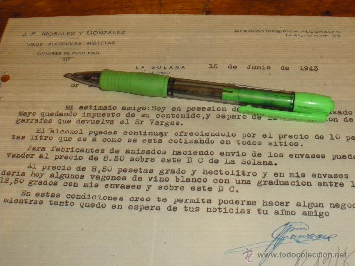 Cartas comerciales: J P MORALES Y GONZALEZ, VINOS Y MISTELAS. LA SOLANA, CIUDAD REAL 1943.