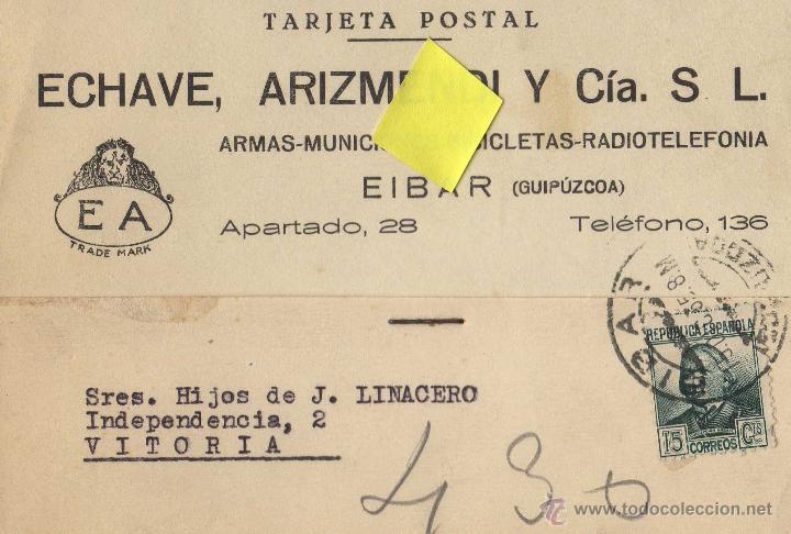 Cartas comerciales: Tarjeta publicitaria Eibar Guipuzcoa armas bicicletas a Vitoria Pais Vasco Euskadi