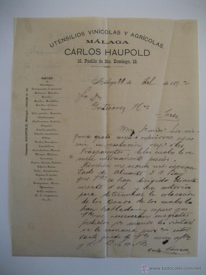 Lettres commerciales: UTENSILIOS VIN&Iacute;COLAS Y AGR&Iacute;COLAS CARLOS HAUPOLD, M&Aacute;LAGA 1892.