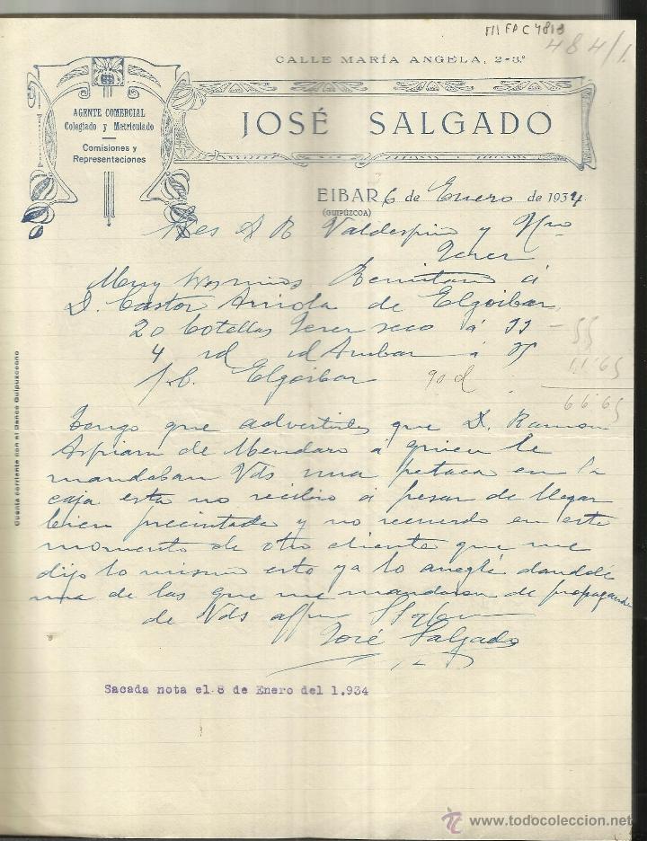 CARTA COMERCIAL DE JOS&Eacute; SALGADO. EIBAR. GUIP&Uacute;ZCOA. 1934