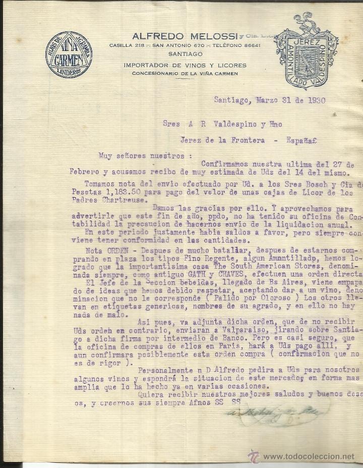 Gesch&auml;ftsbriefe: CARTA COMERCIAL DE ALFREDO MELOSSI. CONCESIONARIO DE LA VI&Ntilde;A CARMEN. SANTIAGO. 1930
