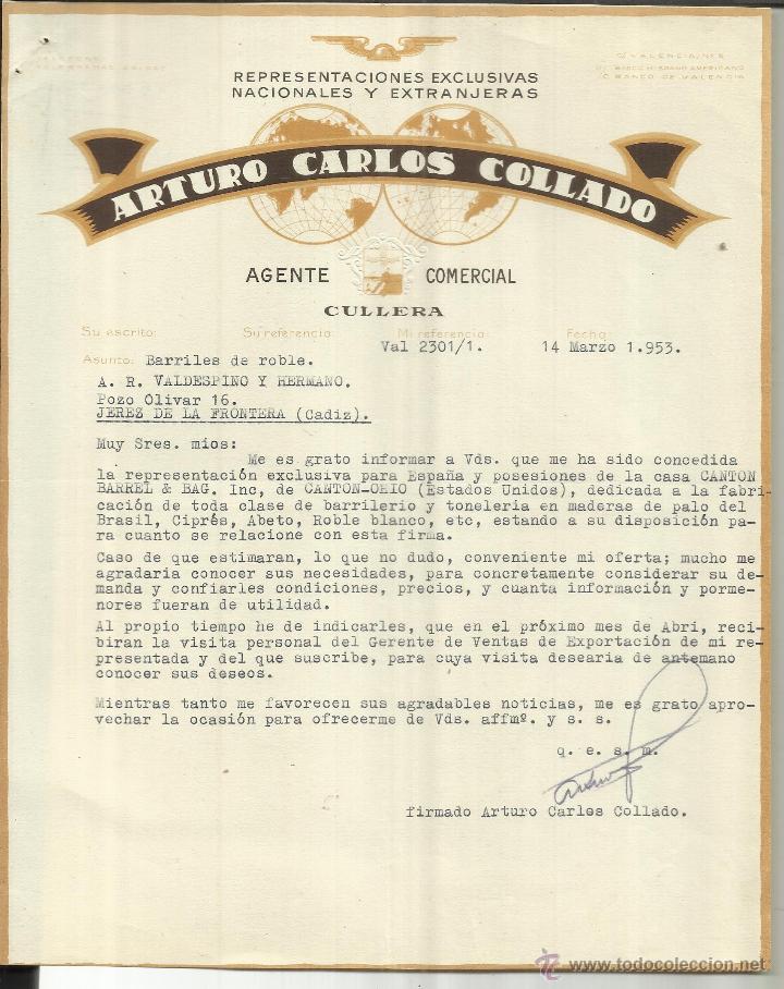 Commercial Letters: CARTA COMERCIAL DE ARTURO CARLOS COLLADO. AGENTE COMERCIAL. CULLERA. VALENCIA. 1953