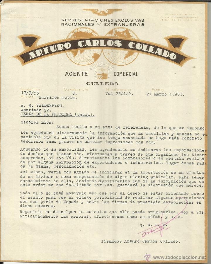 Lettere commerciali: CARTA COMERCIAL DE ARTURO CARLOS COLLADO. AGENTE COMERCIAL. CULLERA. VALENCIA. 1953