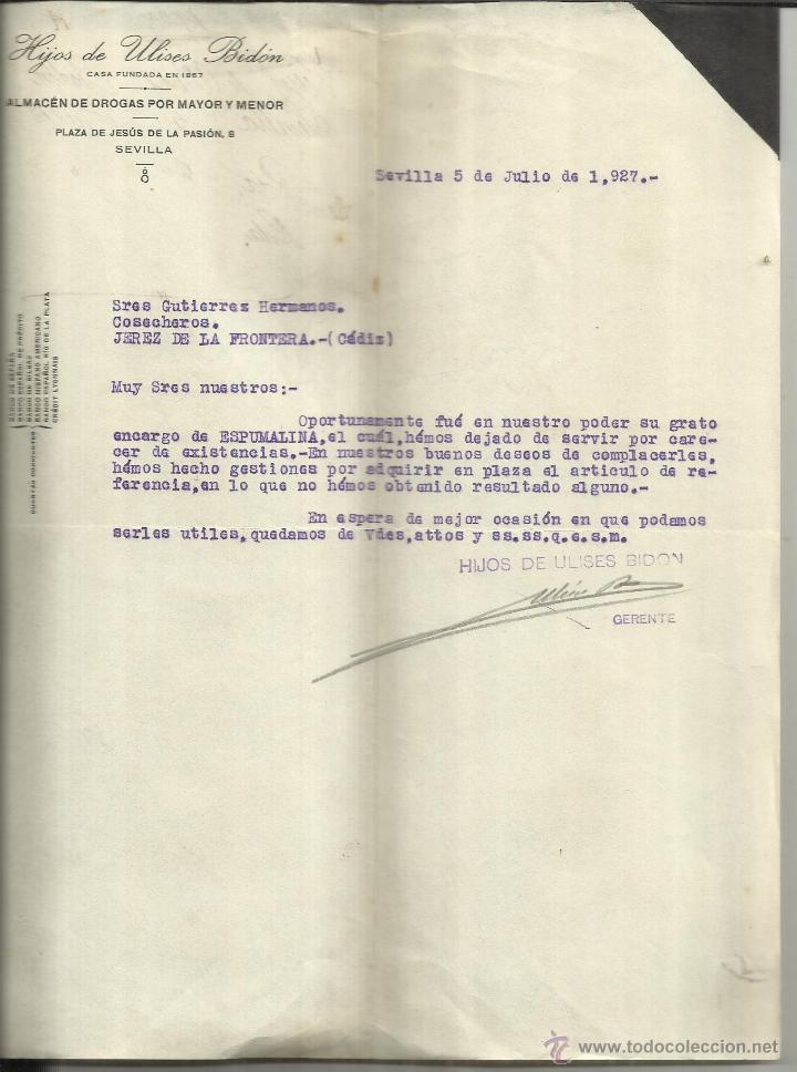 Cartas comerciais: CARTA COMERCIAL DE HIJOS DE ULISES BID&Oacute;N. ALMAC&Eacute;N DE DROGAS AL POR MAYOR Y MENOR. SEVILLA. 1927
