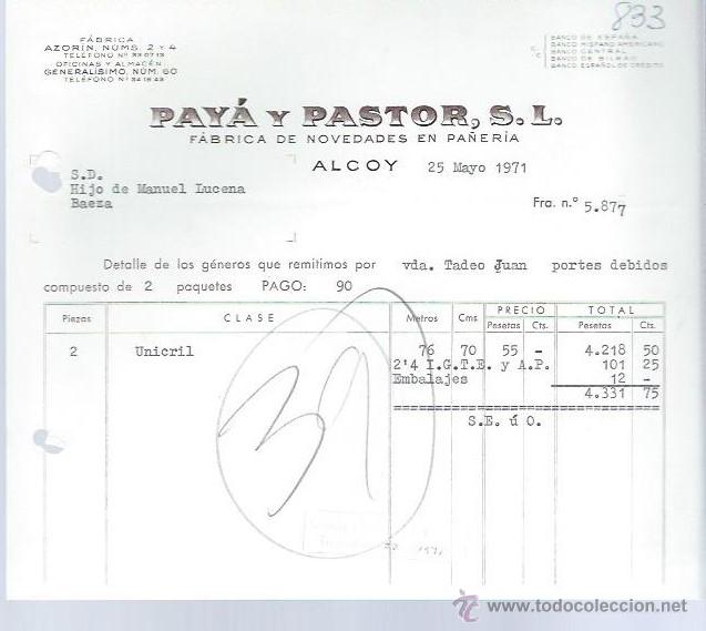 Cartas comerciales: CARTA COMERCIAL PAY&Aacute; Y PASTOR, PA&Ntilde;ER&Iacute;A, ALCOY, 25 MAY 1971, H.D MANUEL LUCENA, BAEZA
