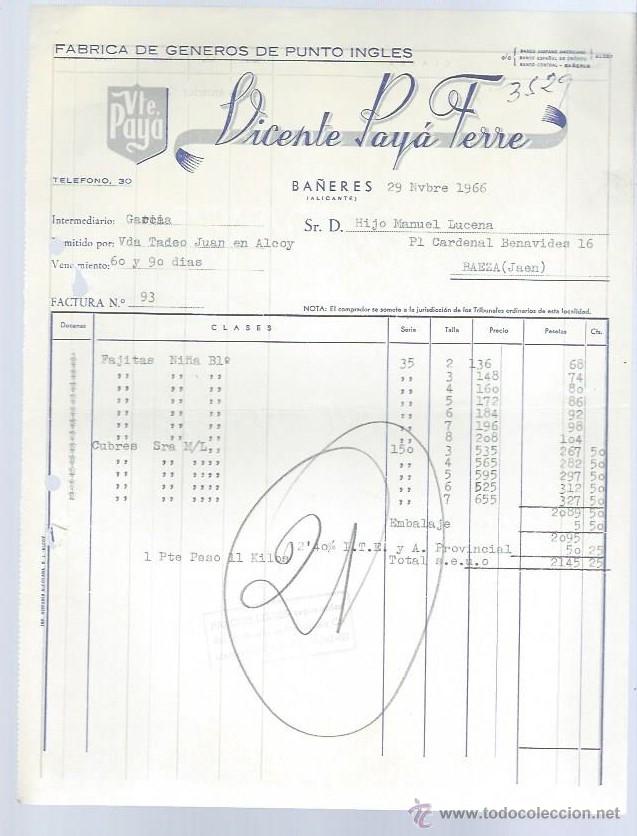 Cartas comerciales: CARTA COMERCIAL VICENTE PAY&Aacute; FERRE,BA&Ntilde;ERES ALICANTE 29 NOV 1966, H.D MANUEL LUCENA, BAEZA