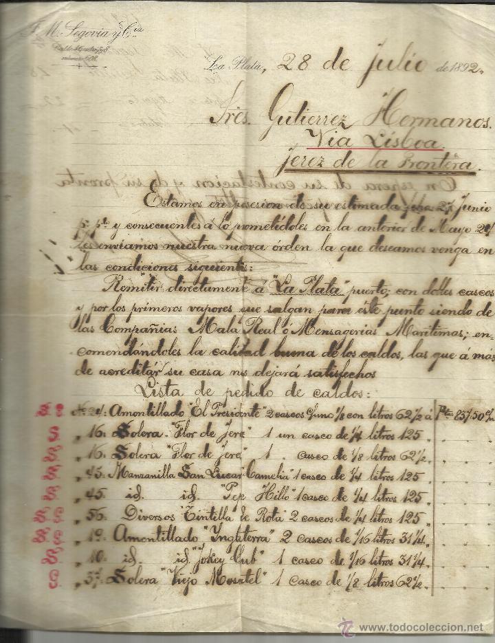 Cartas comerciales: CARTA COMERCIAL DE J.M. SEGOVIA Y C&ordf;. LA PLATA. ARGENTINA. 1892