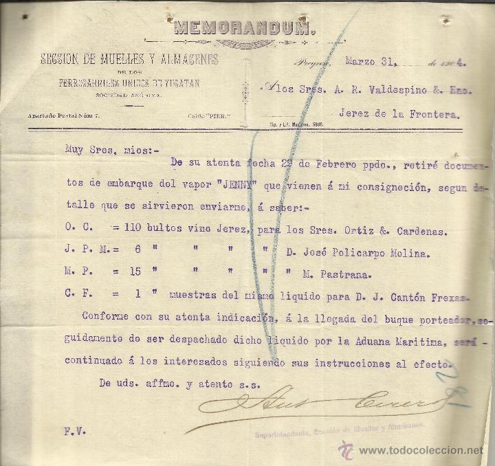 Cartas comerciales: MEMORANDUM DE FERROCARRILES UNIDOS DE YUKAT&Aacute;N. PROGRESO. M&Eacute;XICO. 1904 - Foto 1