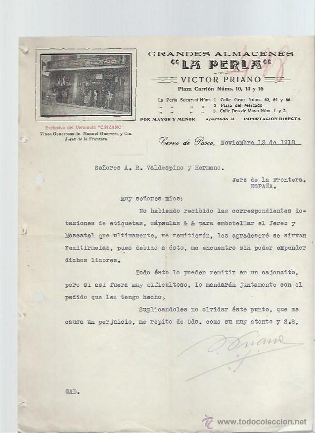 Cartas comerciales: CARTA COMERCIAL LA PERLA DE VICTOR PRIANO, CERRO DE PASCO, PER&Uacute;, 13 NOV 1918, VALDESPINO JEREZ