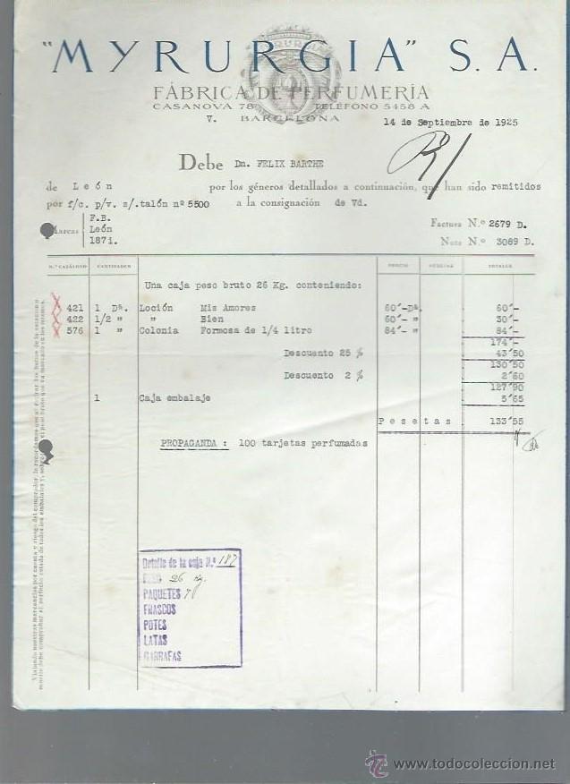 Cartas comerciales: CARTA COMERCIAL MYRURGIA, F&Aacute;BRICA DE PERFUMER&Iacute;A, BARCELONA 14 SEPTIEMBRE 1925