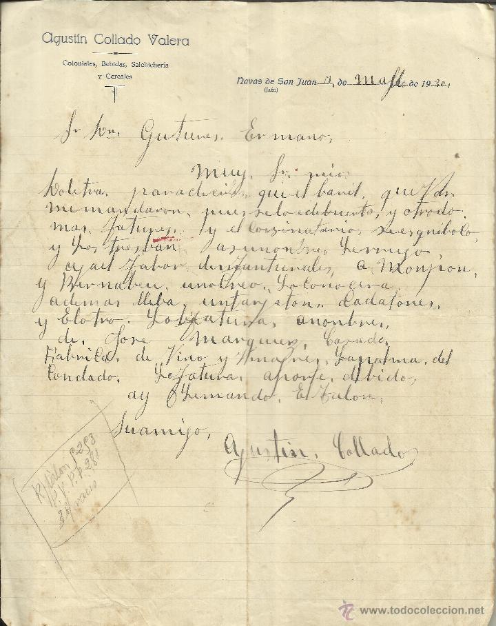 Cartas comerciales: CARTA COMERCIAL DE AGUST&Iacute;N COLLADO VALERA. COLONIALES, BEBIDAS. NAVAS DE SAN JUAN. JA&Eacute;N. 1930