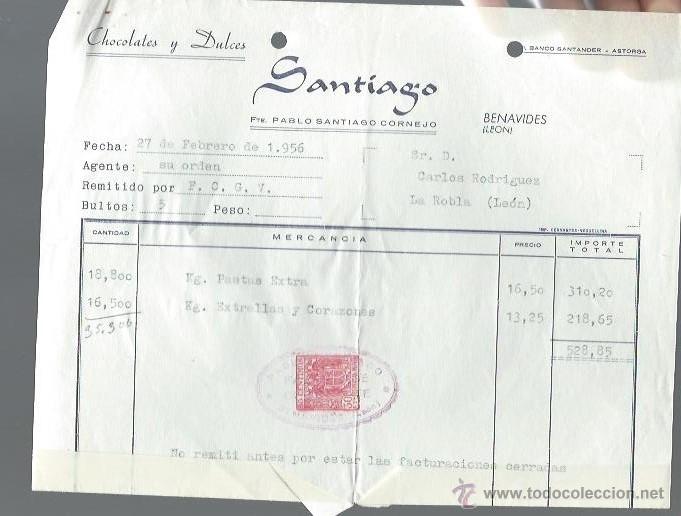 Gesch&auml;ftsbriefe: CARTA COMERCIAL PABLO SANTIAGO CORNEJO, CHOCOLATES Y DULCES, BENAVIDES LE&Oacute;N 27 FEBRERO 1956