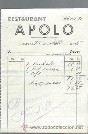 Lettere commerciali: CARTA COMERCIAL RESTAURANT APOLO, RIBADESELLA 25 AGOSTO 1935