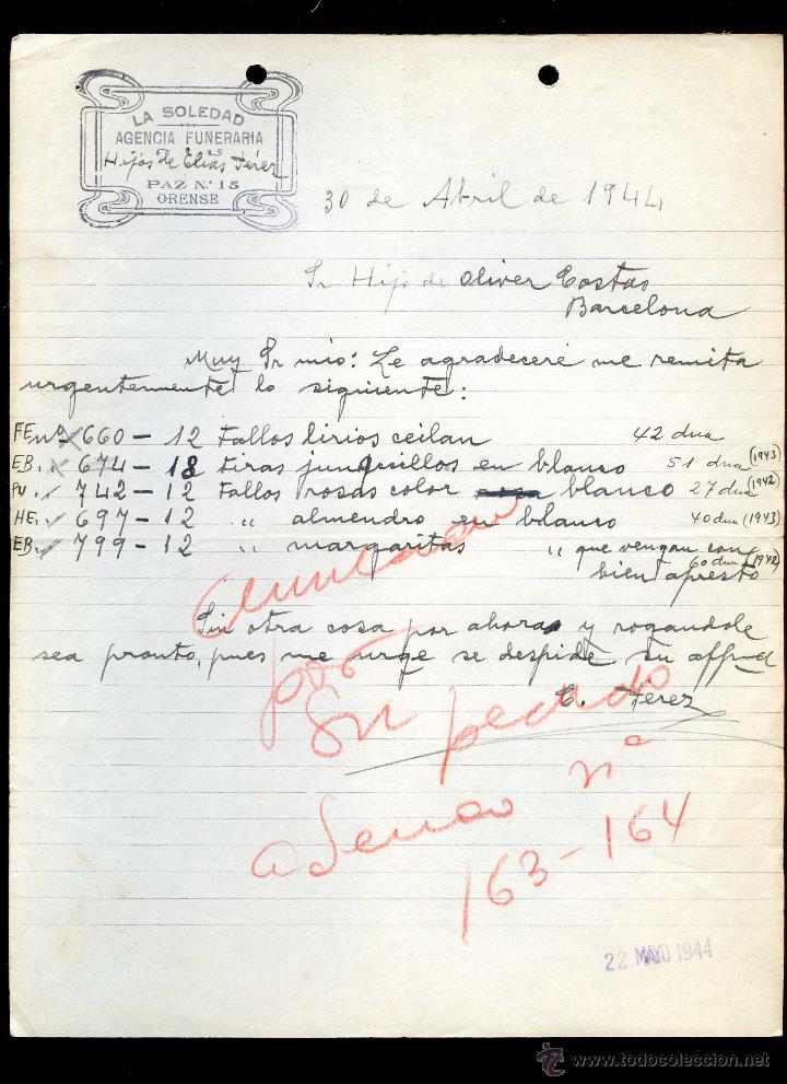 Commercial Letters: Orense. *La Soledad. Agencia Funeraria...* Fechada 1944.