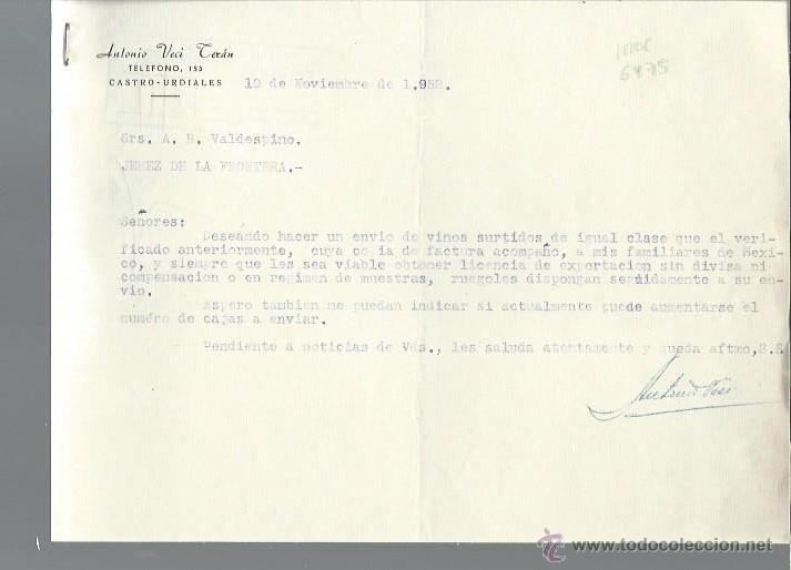 Cartas comerciales: CARTA COMERCIAL ANTONIO VECI TER&Aacute;N, CASTRO URDIALES 10 NOVIEMBRE 1952
