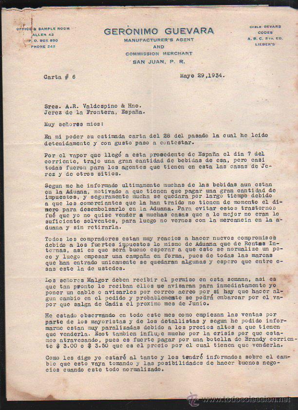 Commercial Letters: CARTA COMERCIAL. GERONIMO GUEVARA. SAN JUAN, PUERTO RICO. 1934. 2 HOJAS