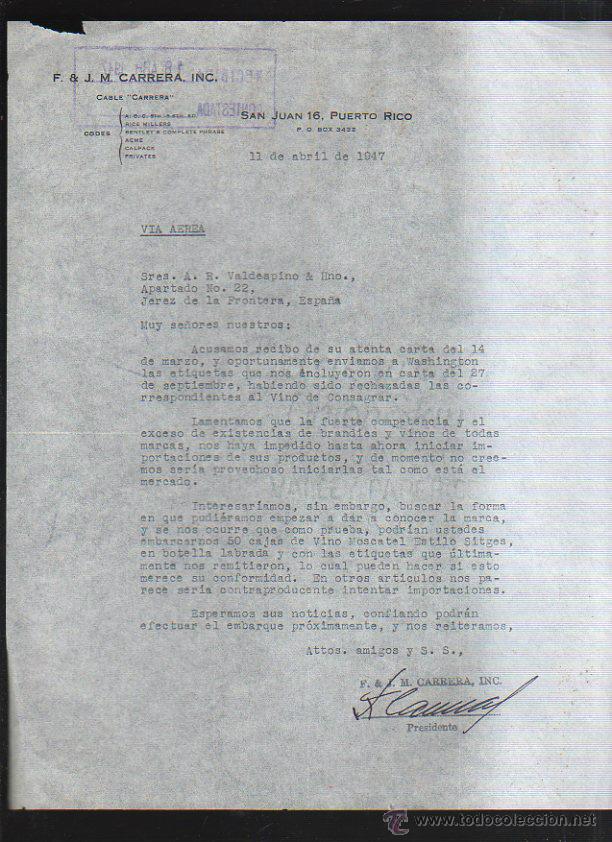 Commercial Letters: CARTA COMERCIAL. F & J.M. CARRERA, INC. SAN JUAN, PUERTO RICO. 1947