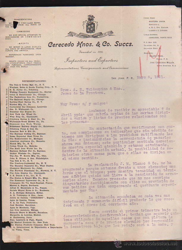 Commercial Letters: CARTA COMERCIAL. CERECEDO HNOS. & CO. SAN JUAN, PUERTO RICO. 1921. 2 HOJAS