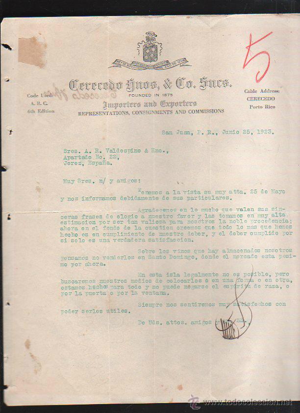 Lettres commerciales: CARTA COMERCIAL. CERECEDO HNOS. & CO. SAN JUAN, PUERTO RICO. 1923