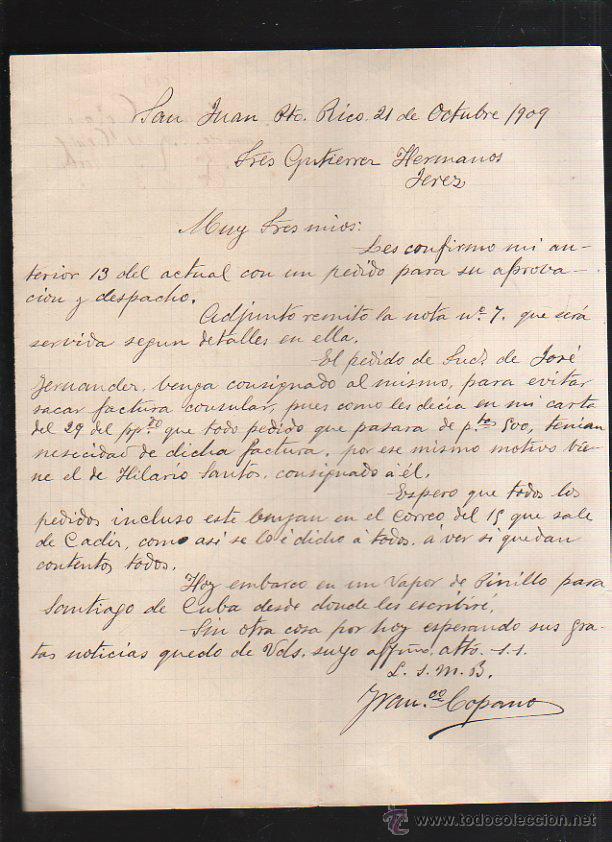 Lettres commerciales: CARTA COMERCIAL. MANUSCRITO. GUTIERREZ HERMANOS. 1909. SAN JUAN, PUERTO RICO.