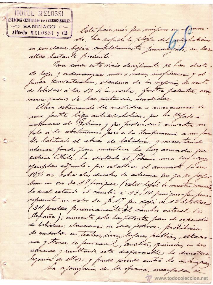 Commercial Letters: CARTA COMERCIAL DE ALFREDO MELOSSI Y CI&ordf;. HOTEL MELOSSI. SANTIAGO. 1902.